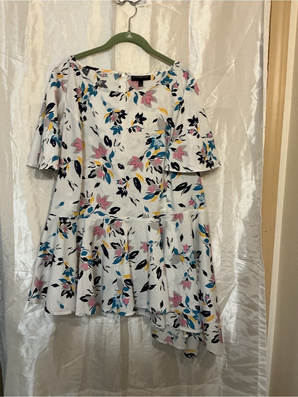 Lane Bryant White Floral Top with Pink, Blue, Yellow & Black Accents